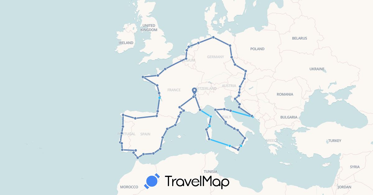 TravelMap itinerary: driving, cycling, boat in Austria, Belgium, Czech Republic, Germany, Spain, France, Croatia, Italy, Netherlands, Portugal, Slovenia (Europe)